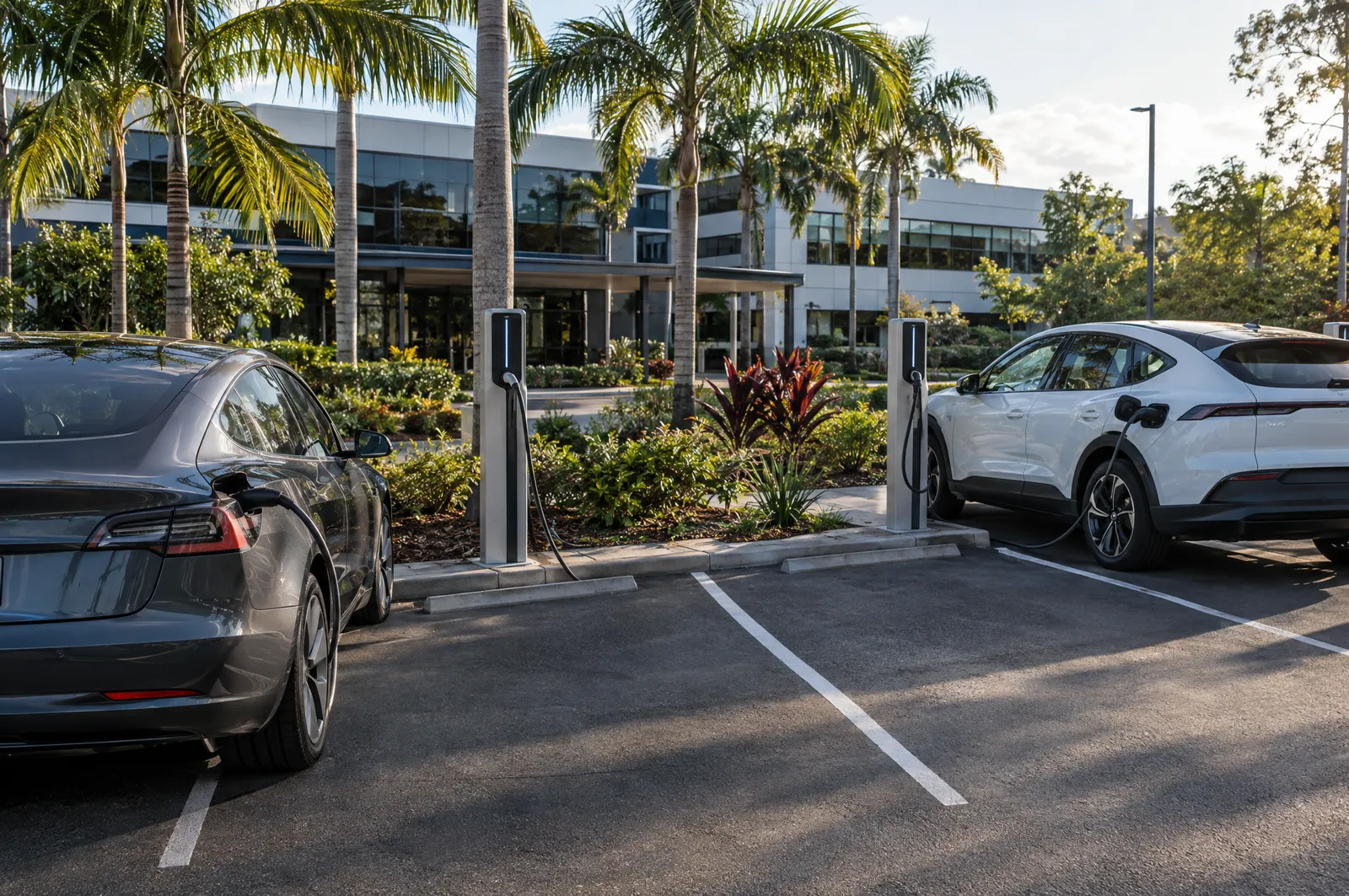 Pedestal EV chargers in a landscaped business park car park with electric cars plugged in