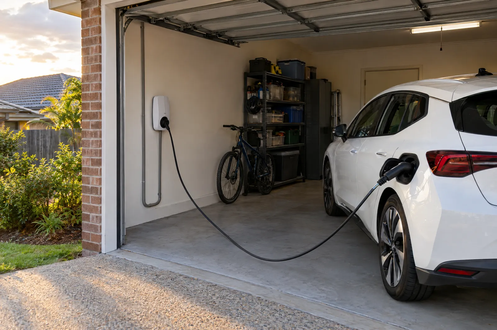 White wall-mounted EV charger in a suburban Brisbane garage, cable plugged into a white electric hatchback